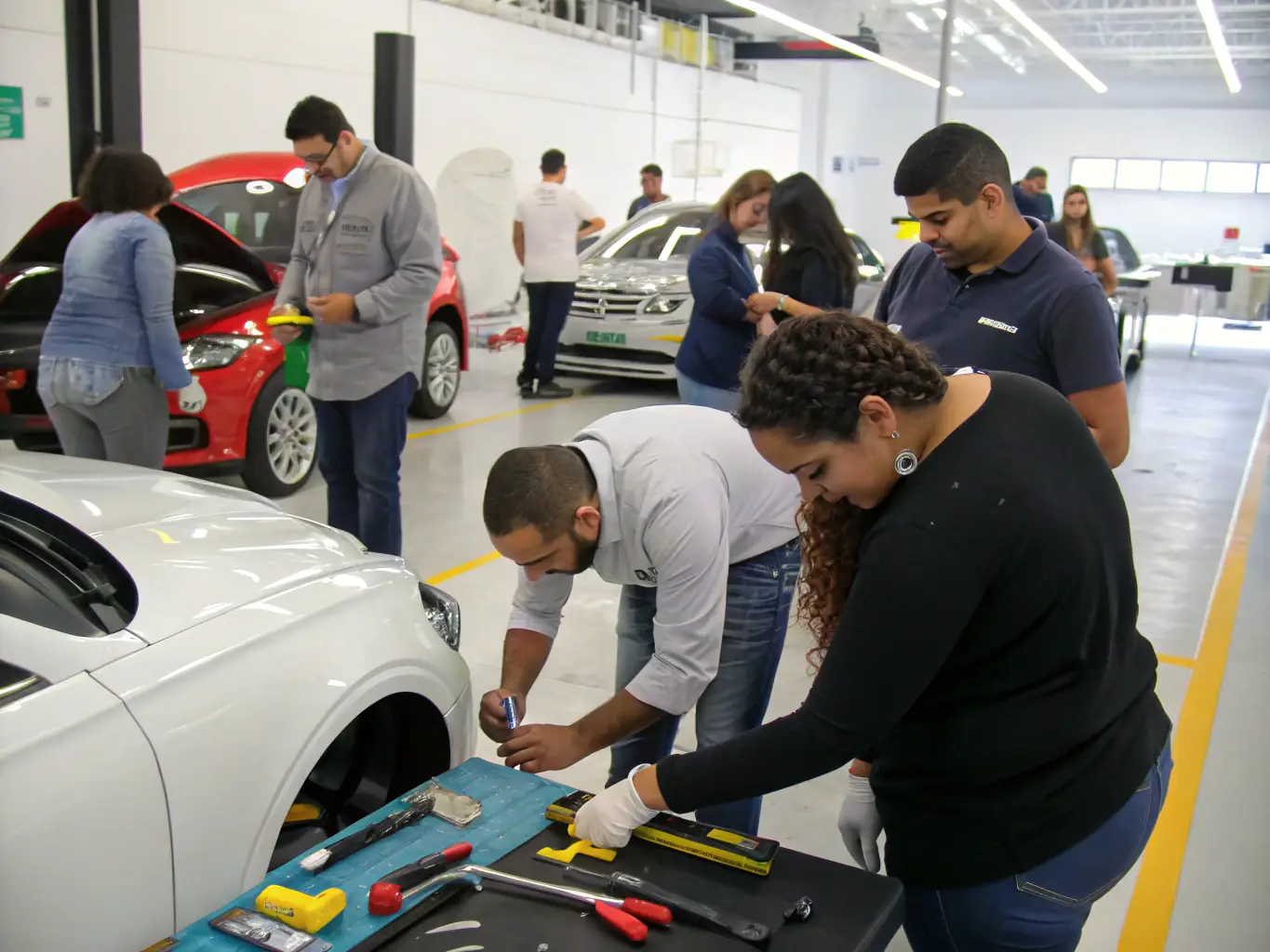 A group of club members working together on the restoration of a vintage car in a well-equipped workshop, demonstrating the club's commitment to preserving automotive heritage.