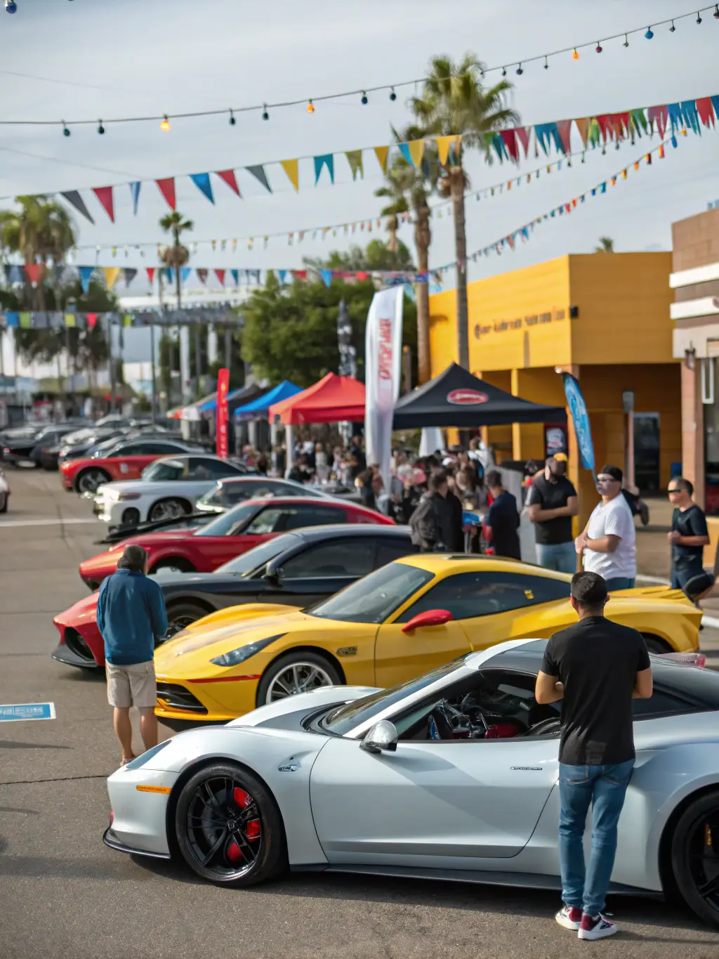 A vibrant photo capturing TACOT CLUB GAVOT members showcasing their restored vintage cars at a local exhibition, attracting enthusiasts and sharing their passion.