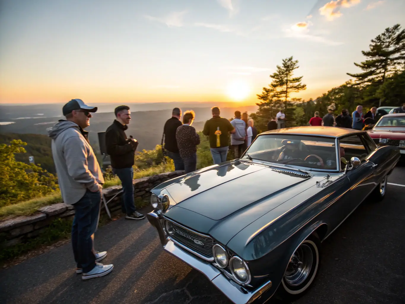 A group of vintage car enthusiasts gathered at a scenic rally point, showcasing their meticulously restored vehicles against a backdrop of rolling hills and clear blue skies.
