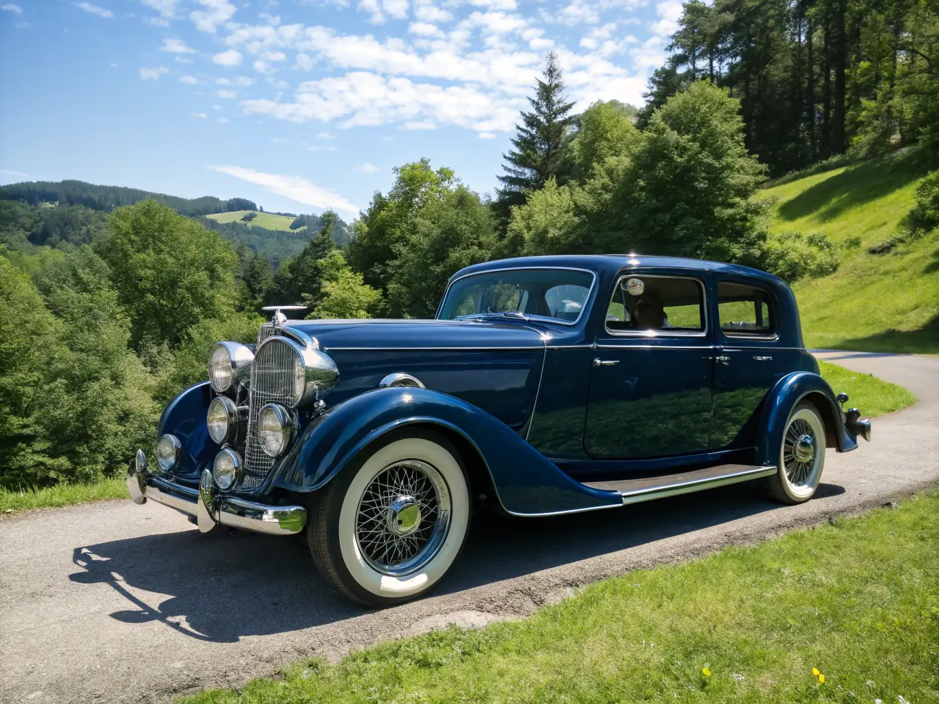 A beautifully restored classic car on display at a local exhibition, surrounded by admirers and fellow car enthusiasts, highlighting the craftsmanship and historical significance of the vehicle.