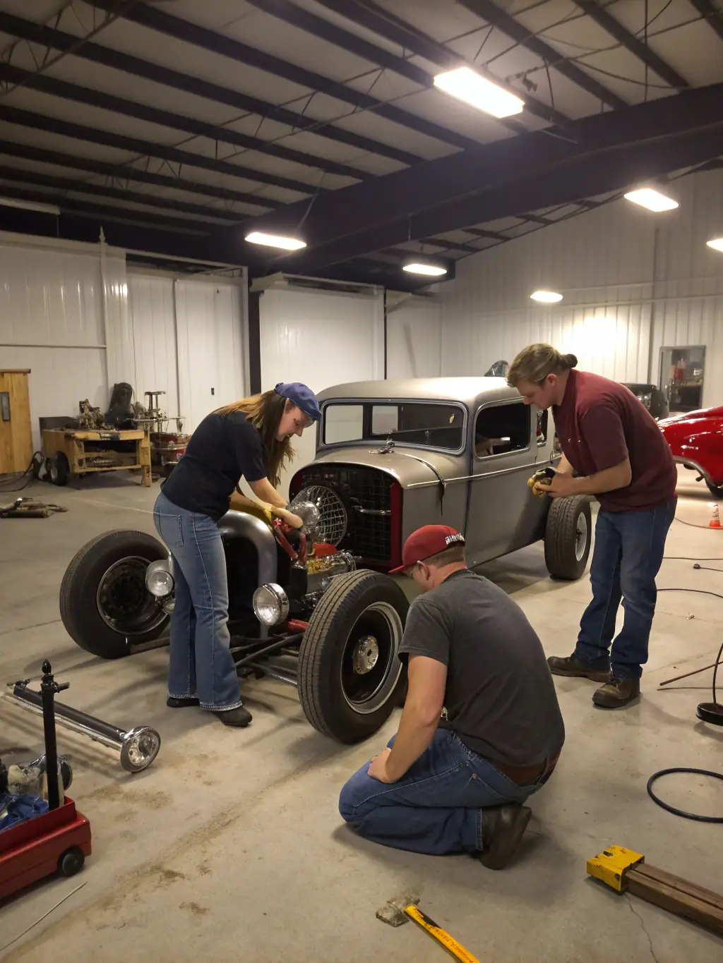 TACOT CLUB GAVOT members collaborating on the restoration of a vintage car engine, demonstrating the hands-on learning and skill-sharing within the club.