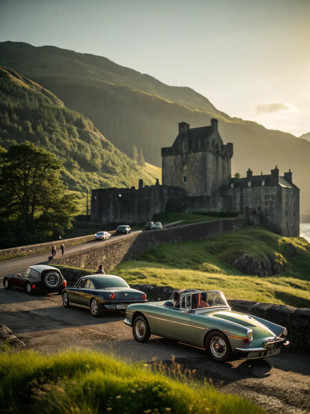 An image of a TACOT CLUB GAVOT organized outing, featuring a convoy of vintage cars parked at a historical landmark, emphasizing the club's commitment to exploring and appreciating automotive heritage.